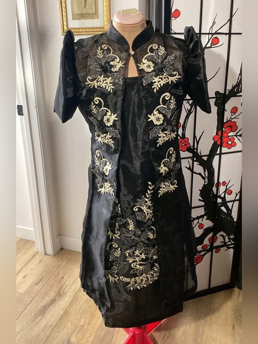Embroidered Filipiniana Black & Gold Short Sleeve Set Dress & Bolero